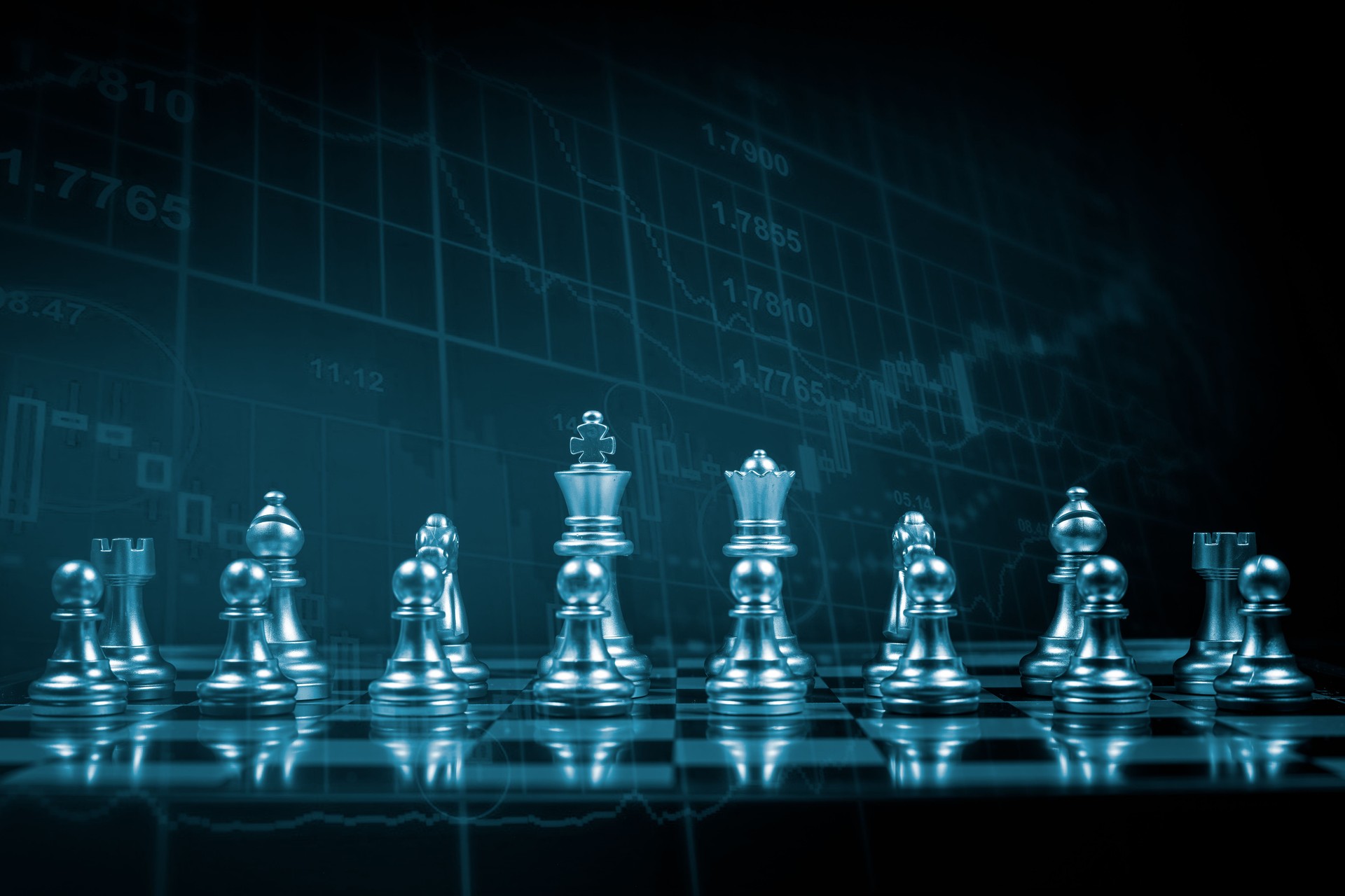 Chess board game between silver team and golden team by king golden team is stategy game as business challange competitive game ,this business stategy plan concept with black background.