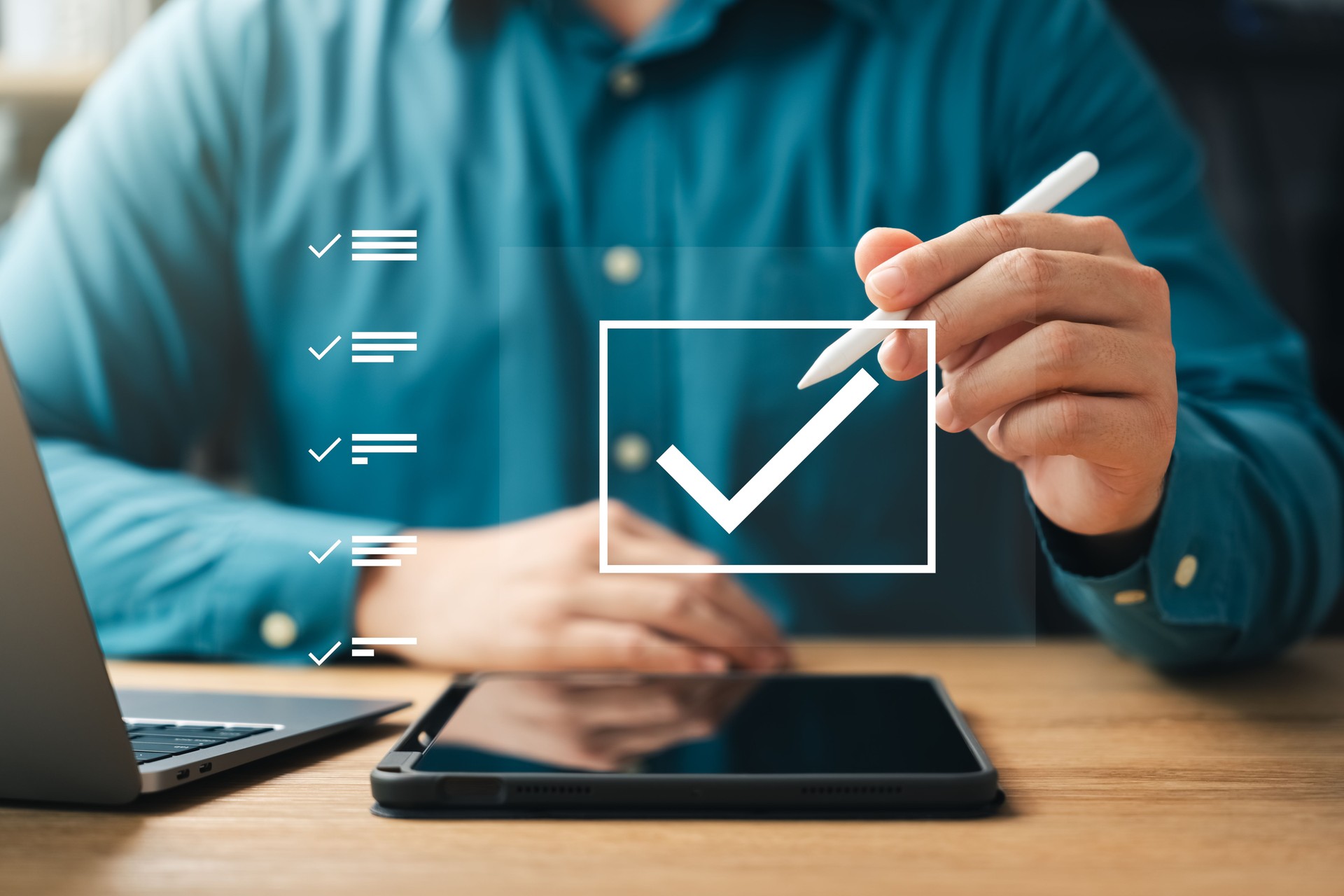 Performance checklist and tracking business performance, businessman using pen to mark checkboxes.