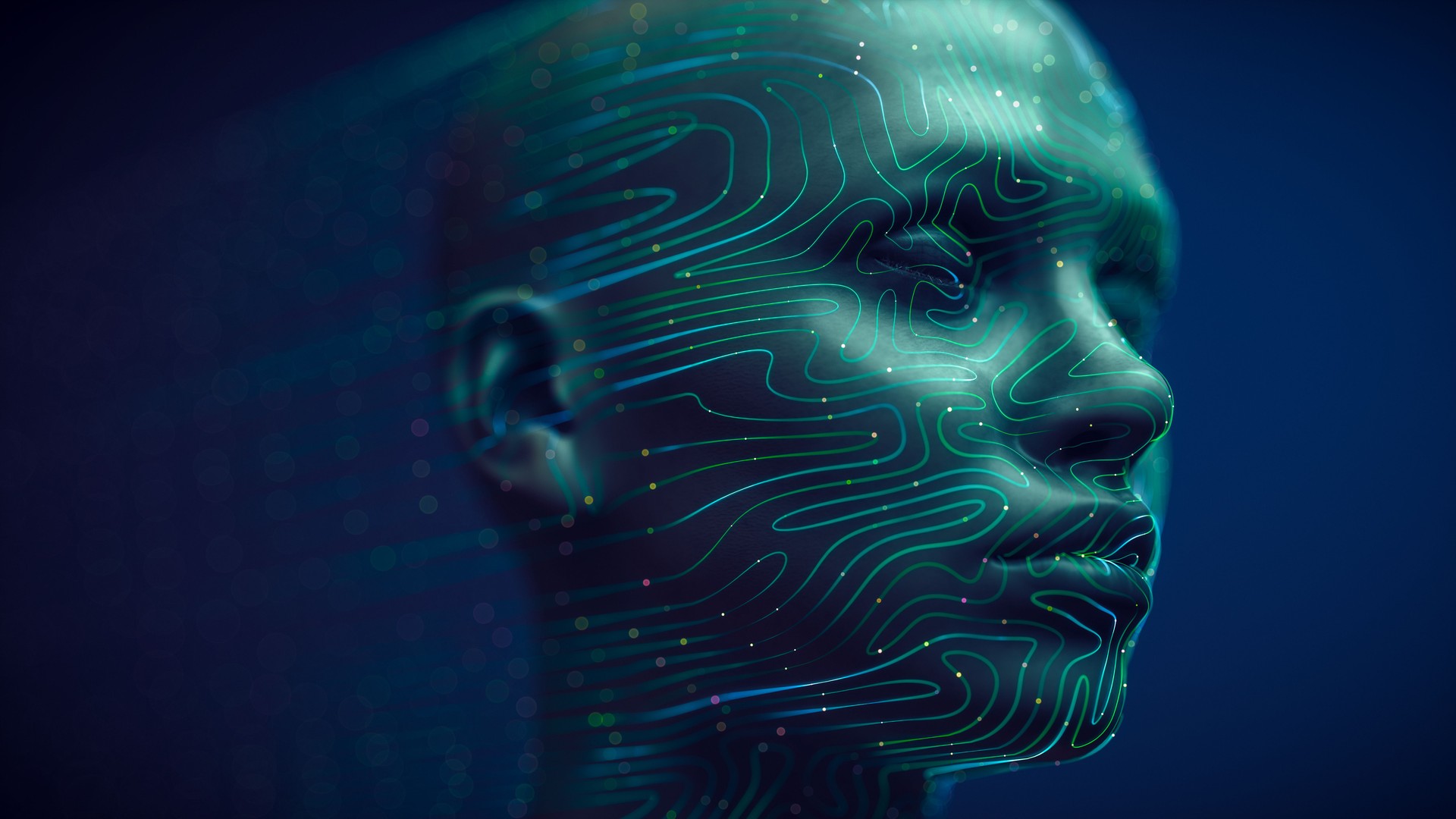 Abstract AI Face with Data Flow Lines
