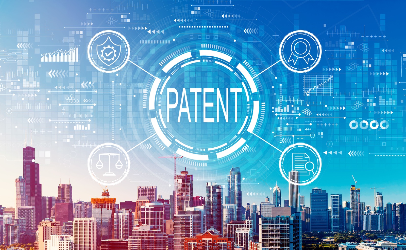 Patent concept with downtown Chicago cityscape